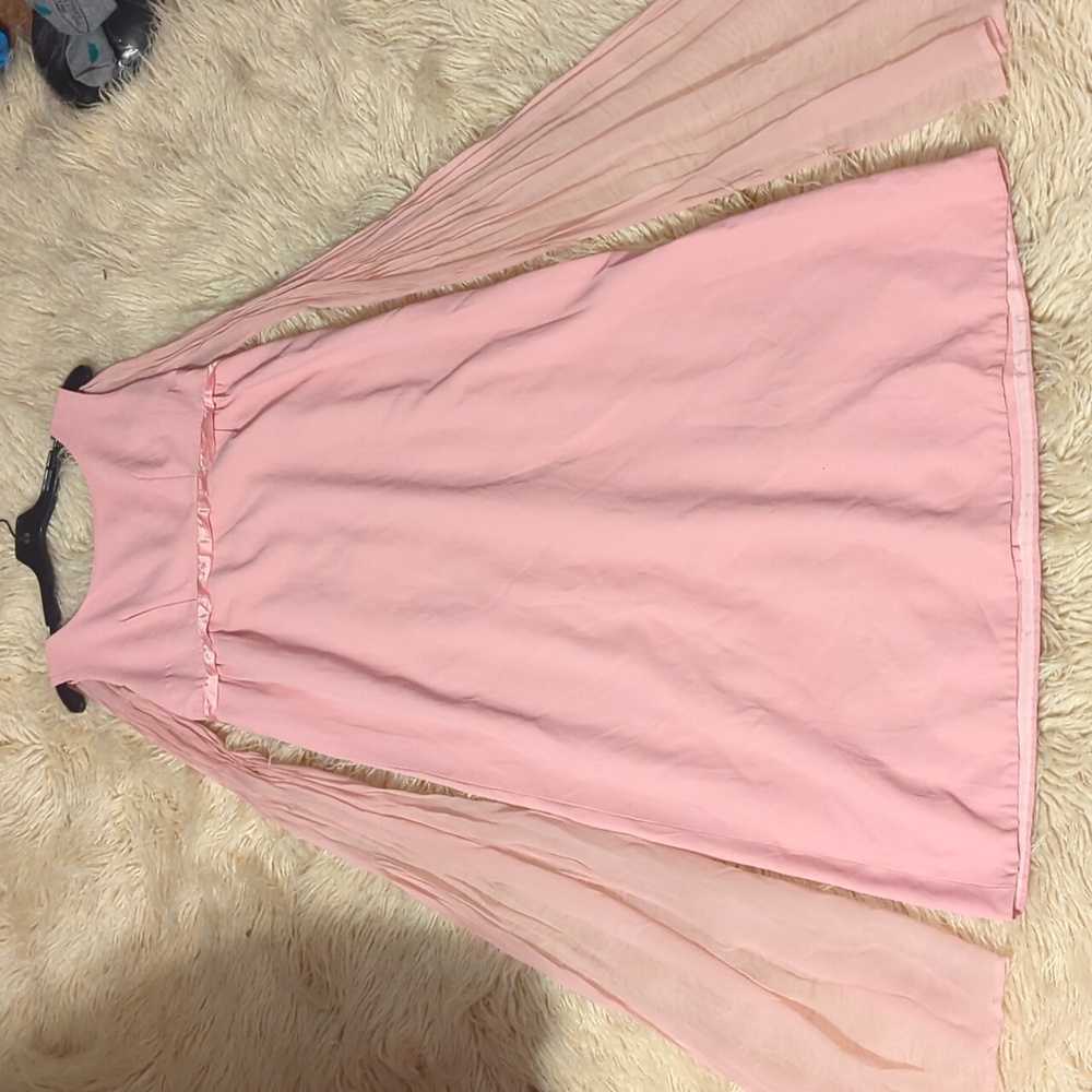 60s pale pink, empire line evening dress with chiffon train